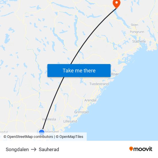 Songdalen to Sauherad map