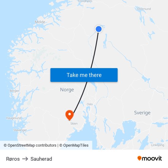 Røros to Sauherad map