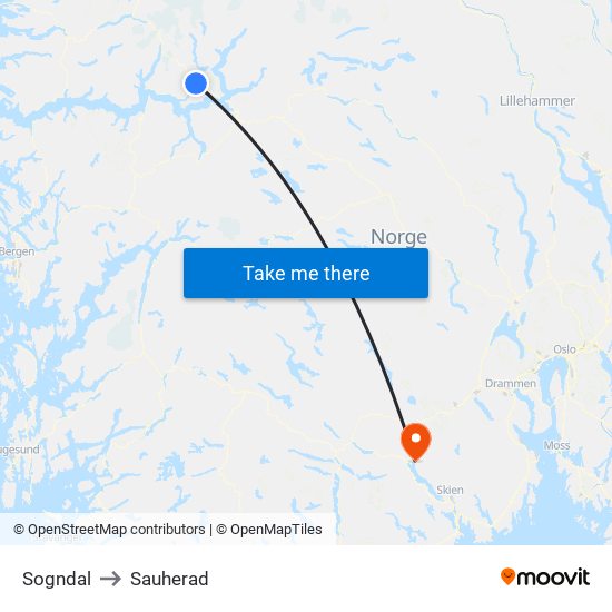 Sogndal to Sauherad map