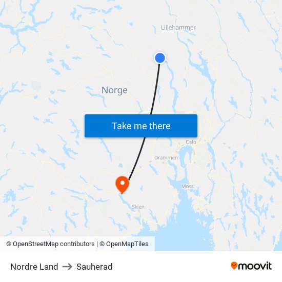 Nordre Land to Sauherad map