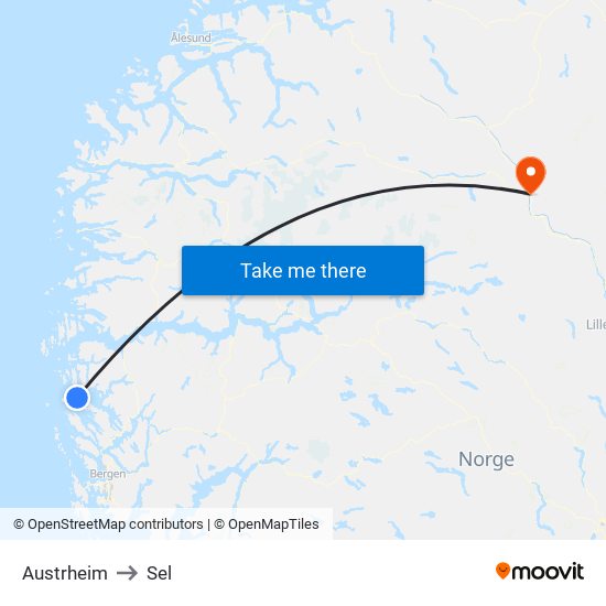 Austrheim to Sel map