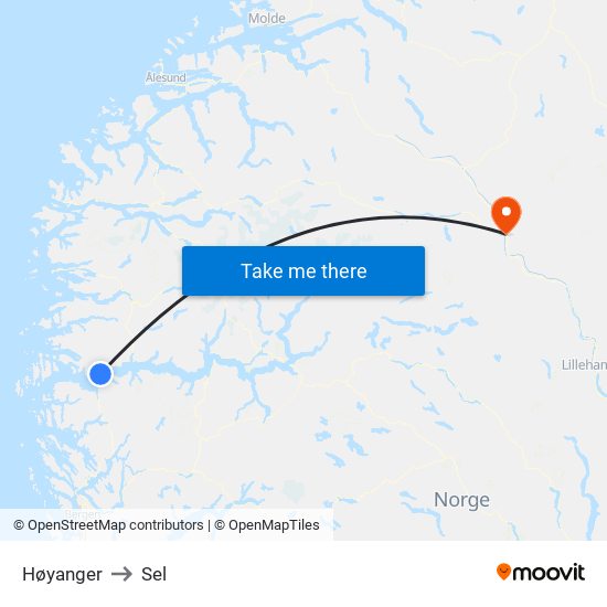 Høyanger to Sel map