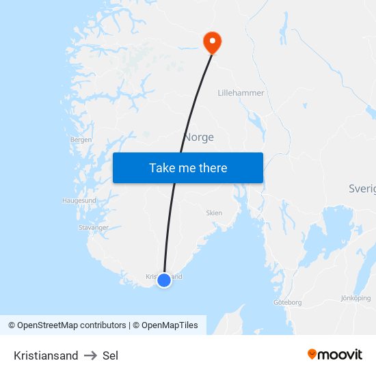 Kristiansand to Sel map