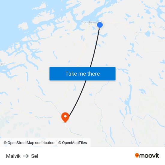 Malvik to Sel map