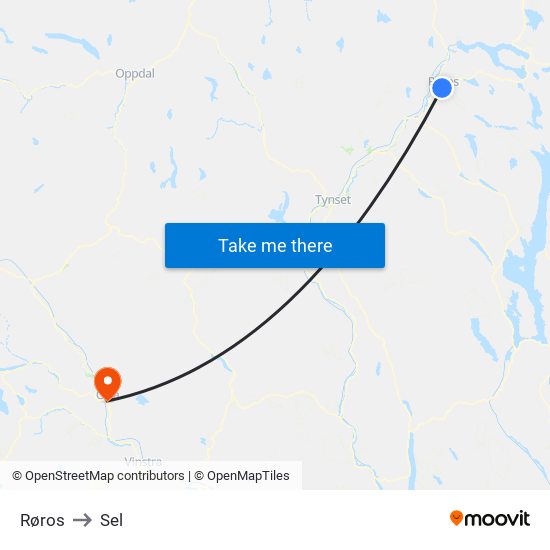 Røros to Sel map