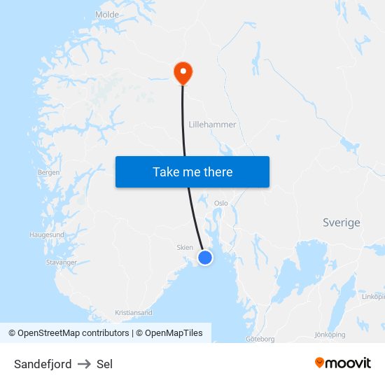 Sandefjord to Sel map