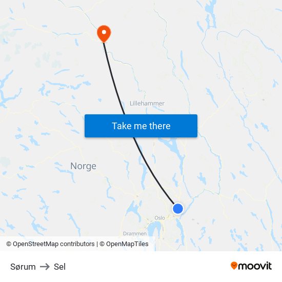 Sørum to Sel map