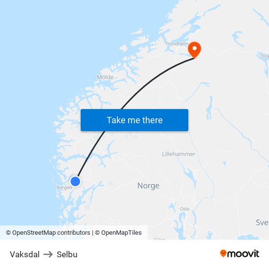 Vaksdal to Selbu map