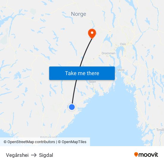 Vegårshei to Sigdal map