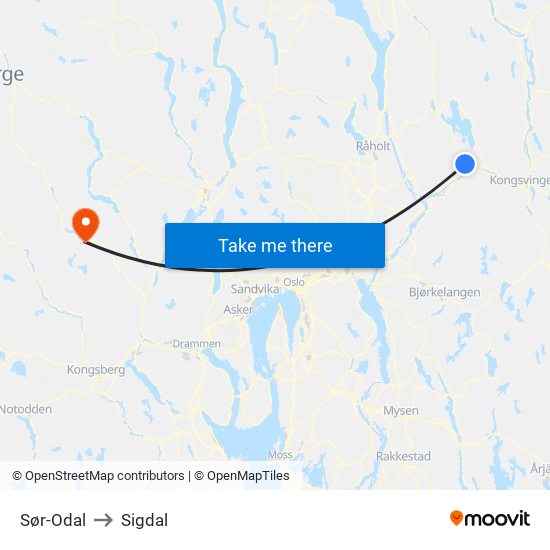 Sør-Odal to Sigdal map