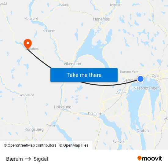 Bærum to Sigdal map