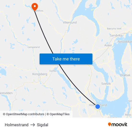 Holmestrand to Sigdal map