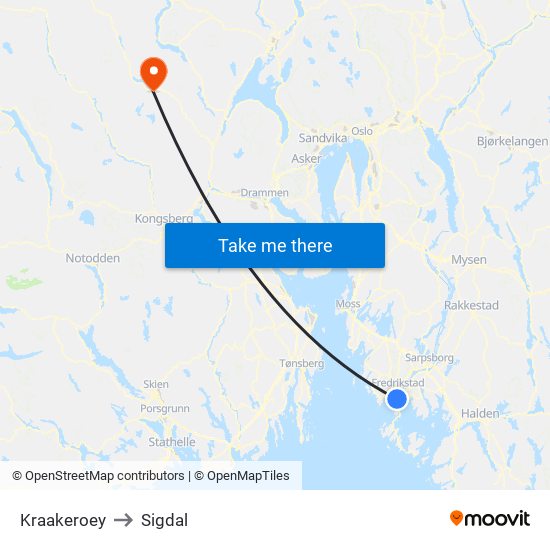 Kraakeroey to Sigdal map