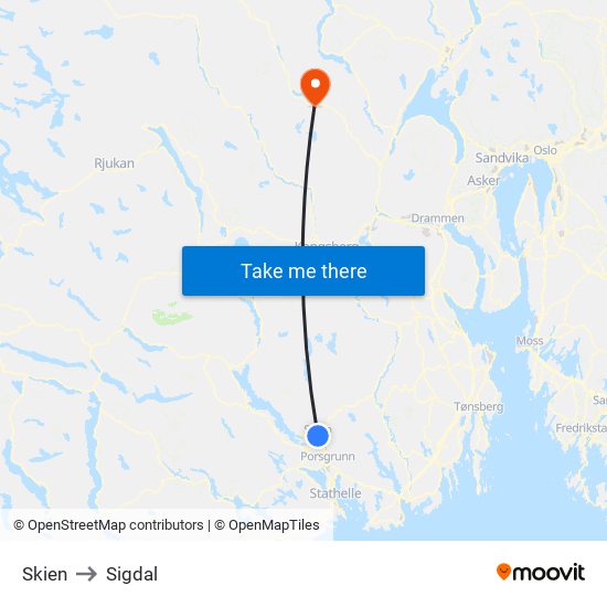 Skien to Sigdal map