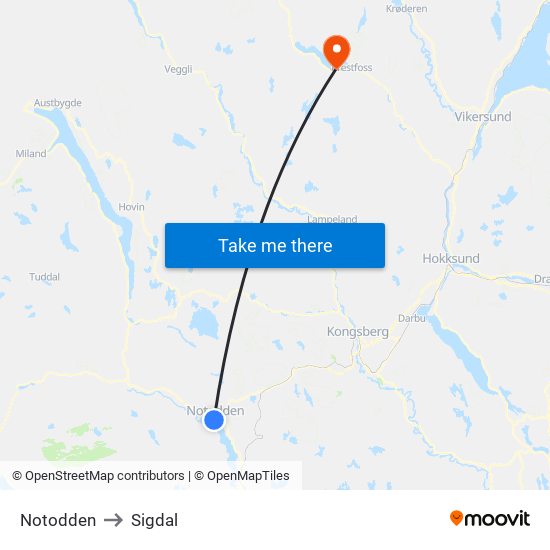 Notodden to Sigdal map