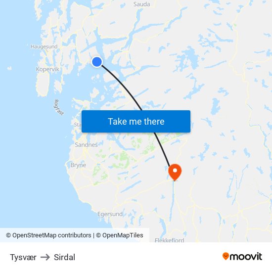 Tysvær to Sirdal map