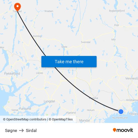 Søgne to Sirdal map