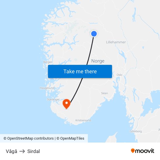 Vågå to Sirdal map