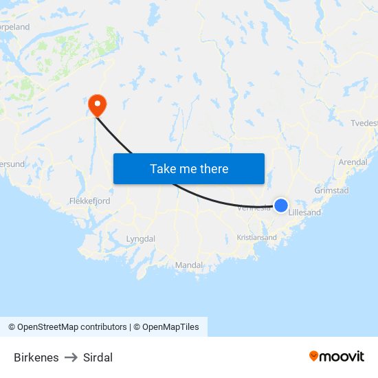 Birkenes to Sirdal map