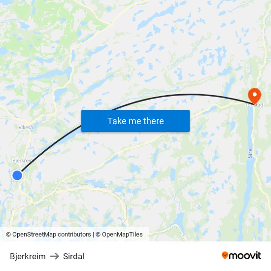 Bjerkreim to Sirdal map