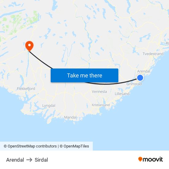 Arendal to Sirdal map