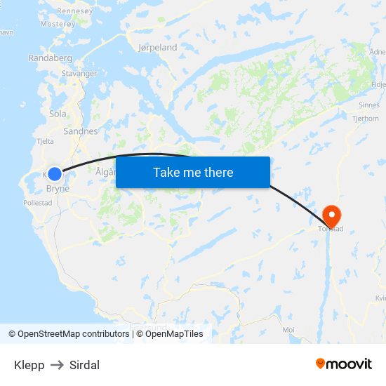 Klepp to Sirdal map