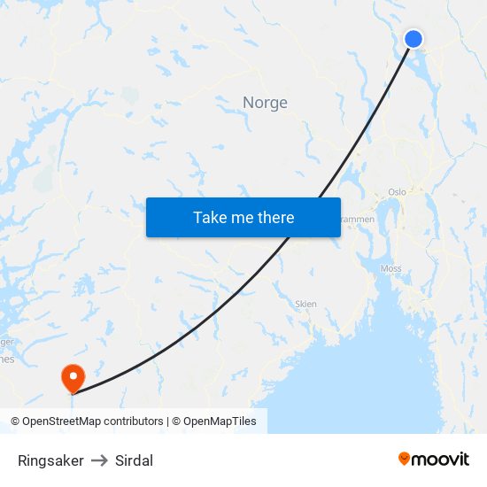 Ringsaker to Sirdal map