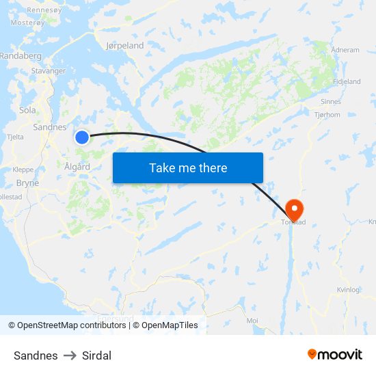 Sandnes to Sirdal map