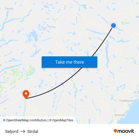 Seljord to Sirdal map