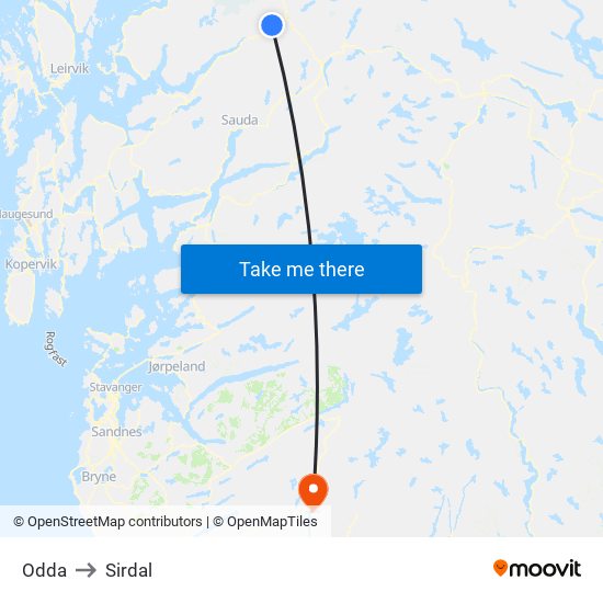 Odda to Sirdal map