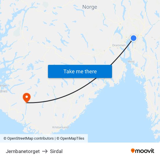 Jernbanetorget to Sirdal map