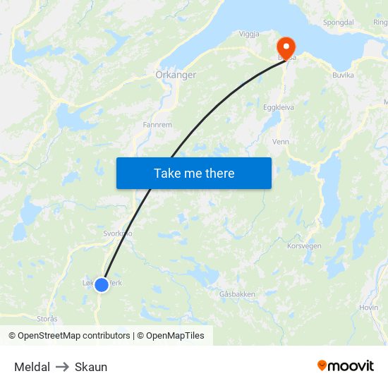 Meldal to Skaun map