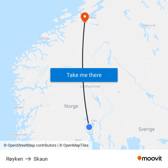 Røyken to Skaun map