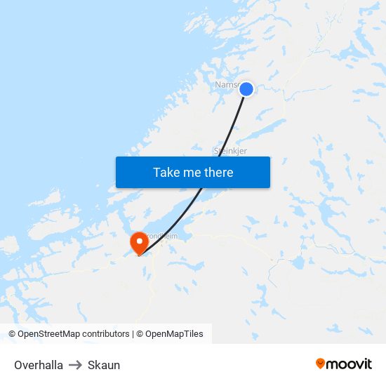 Overhalla to Skaun map