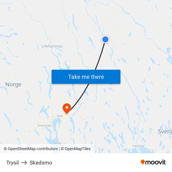 Trysil to Skedsmo map