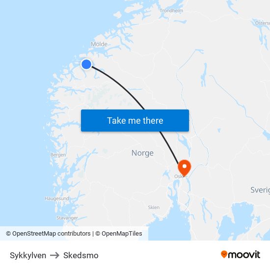 Sykkylven to Skedsmo map