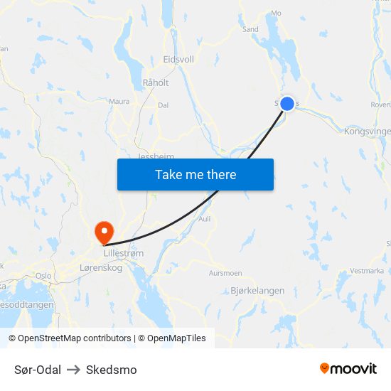 Sør-Odal to Skedsmo map