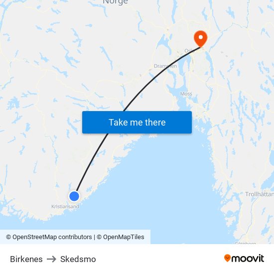 Birkenes to Skedsmo map