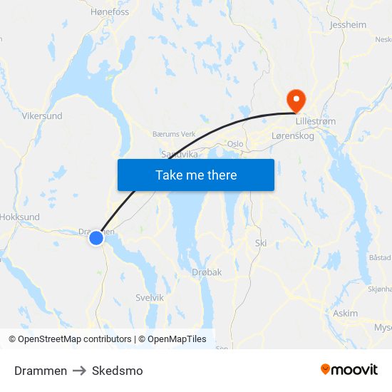 Drammen to Skedsmo map