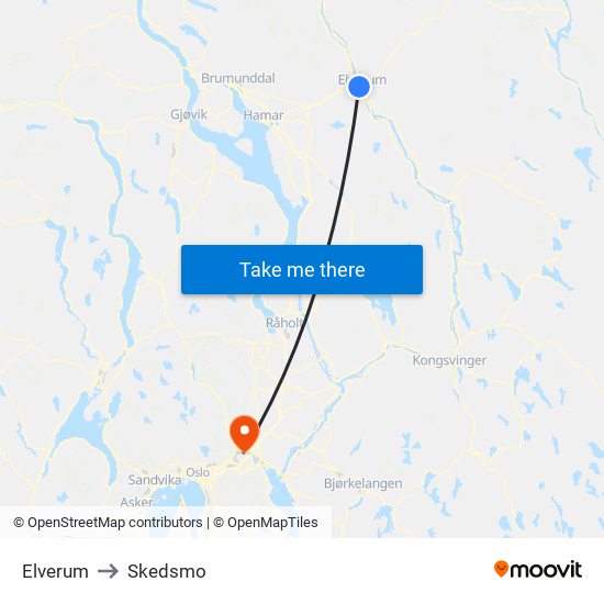 Elverum to Skedsmo map