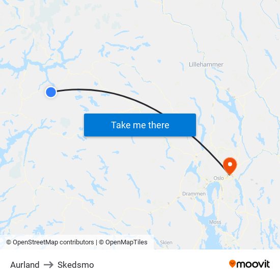 Aurland to Skedsmo map