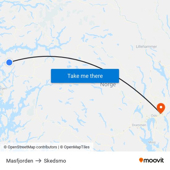 Masfjorden to Skedsmo map