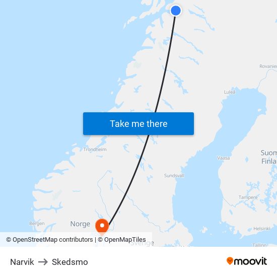 Narvik to Skedsmo map