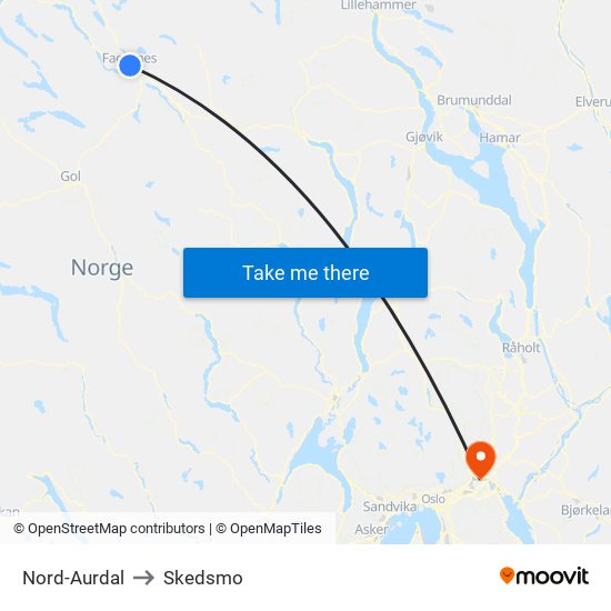 Nord-Aurdal to Skedsmo map