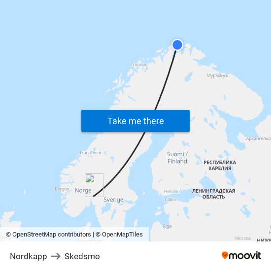 Nordkapp to Skedsmo map