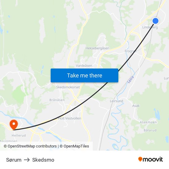 Sørum to Skedsmo map