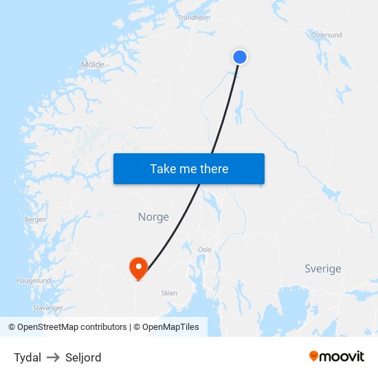 Tydal to Seljord map