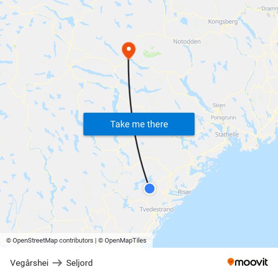 Vegårshei to Seljord map