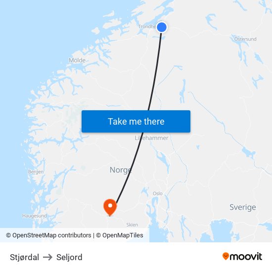 Stjørdal to Seljord map