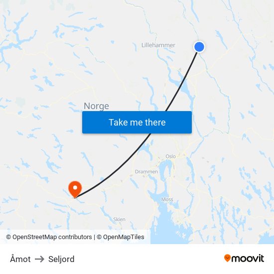 Åmot to Seljord map